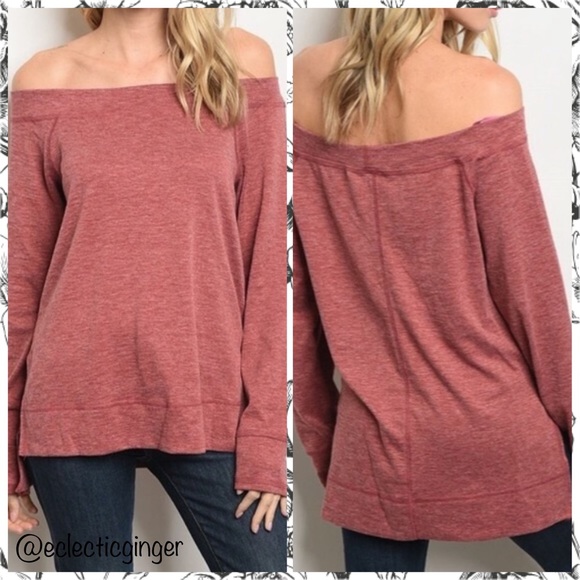 Heathered red wine off the shoulder knit long sleeve top Small S - Picture 4 of 5